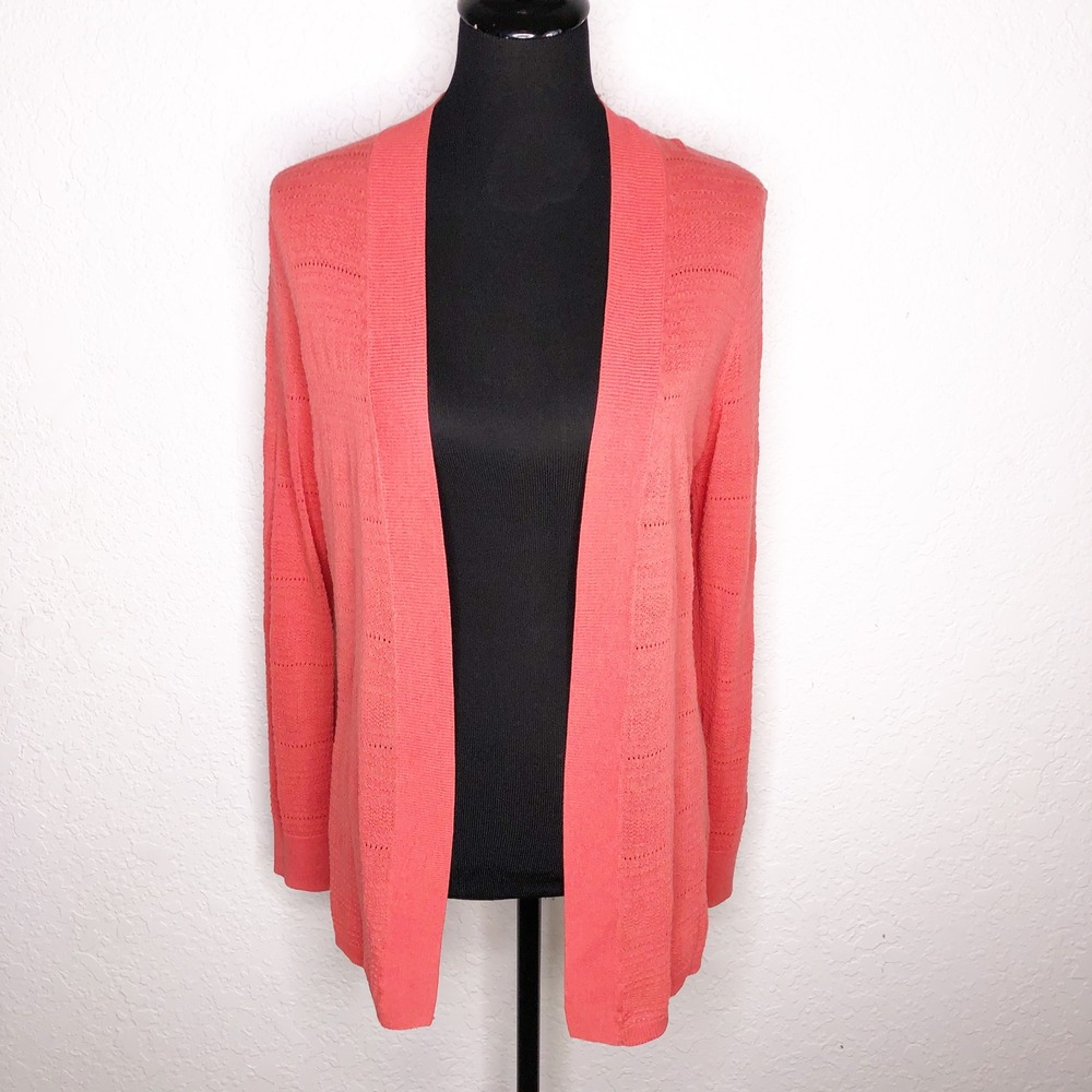Talbots Coral Orange Pink Pointelle Knit Open Front Cardigan Sweater Medium